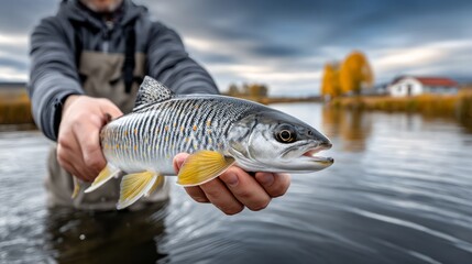 Obraz premium Angler proudly displays a shimmering trout against a tranquil river backdrop during golden hour