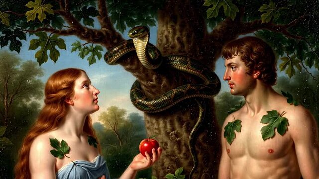 Biblical scene of Adam and Eve in the Garden of Eden at the Tree of Knowledge with the tempter serpent and apple in the style of Renaissance oil painting.