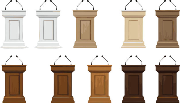 Set of podiums with microphones in different colors and materials isolated on white background, political speech lectern vector illustration