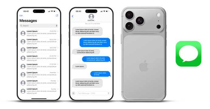 Istanbul, Turkey-January 23, 2026: Apple iMessage mockup with iPhone 17 Pro Max with iOS 26 showing Messages app layout, text bubbles. iPhone iOS message app user interface template.