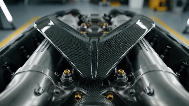 Overhead shot of a V12 engine with carbon fiber intakes