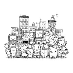 Naklejka premium Cartoon Animals and Robots in Cityscape