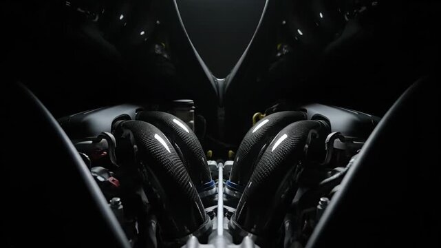 Close-up of V12 engine with carbon fiber intakes, descending camera shot