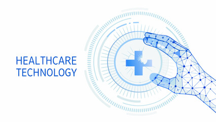 Obraz premium Healthcare technology concept with a hand protecting a digital medical symbol