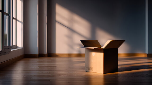 Cardboard Box in Empty Apartment During Moving