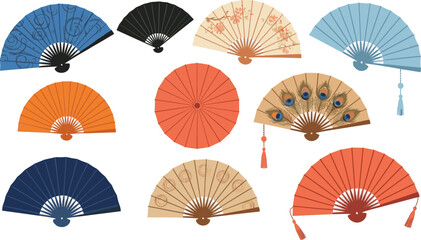 Hand drawn traditional folding fan icons set with oriental patterns, peacock design, tassels, and decorative accessories © Sumon Creative