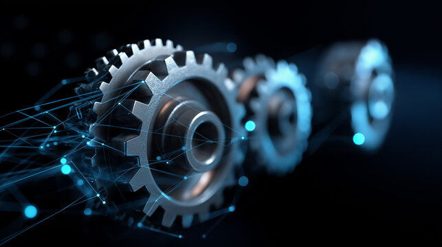 Gears mechanism visualization digital transformation concept data integration and digital technology mechanical synergy technical evolution system connectivity with copy