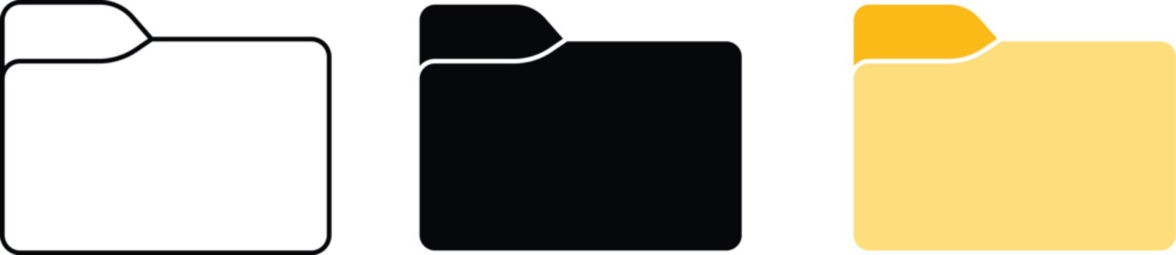 Folder vector icon set, outline, silhouette and flat design. Yellow and black color folder.