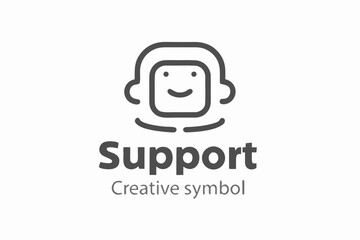 Simple line art illustration of a smiling face with headphones and support text