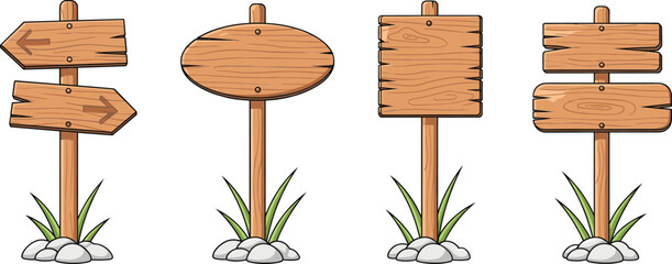 Hand drawn wooden signboard icons set with blank direction boards, rustic street signs, and outdoor guideposts © Sumon Creative
