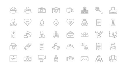 A collection of linear style icons depicting various objects including cameras hearts and personal items