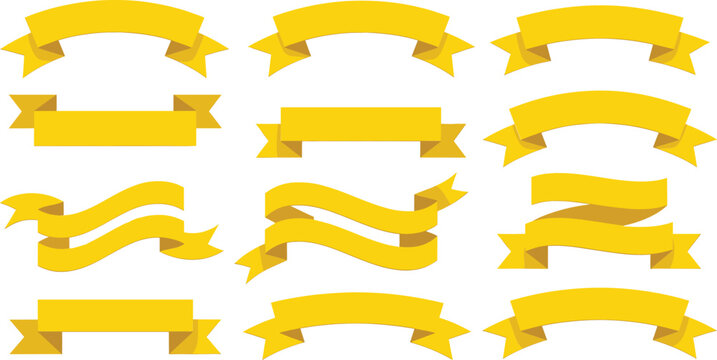 Hand drawn yellow ribbon banner icons set with curved labels and decorative award scroll elements for design templates