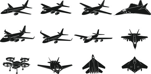Military and passenger aircraft silhouette set with airplane, fighter jet and drone icons in black vector style