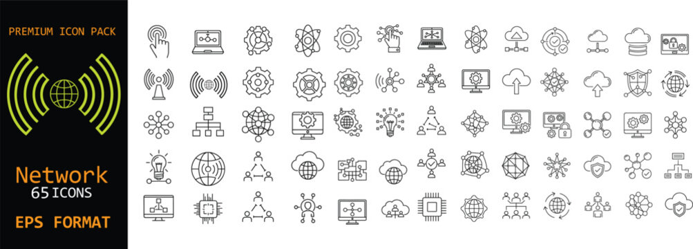 Network line icon set. Internet, cloud computing and data connection symbols. Editable stroke outline icons for technology, communication, digital systems and IT infrastructure concepts.