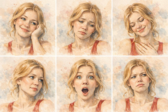 Set of Emotional Watercolor Portraits of a Young Woman with a watercolor background