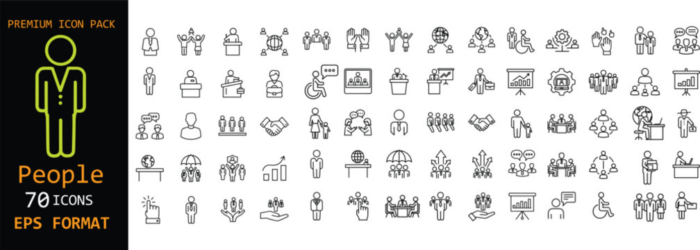 People line icon set. Business, teamwork, meeting and presentation symbols. Editable stroke human pictograms for corporate, office, leadership and communication concepts.
