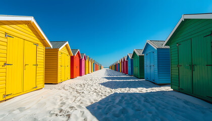 Naklejka premium Scenic view of a colorful arctic village with small wooden houses, snow, icebergs and blue ocean