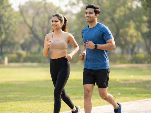 Young indian couple jogging together for healthy lifestyle and daily fitness routine