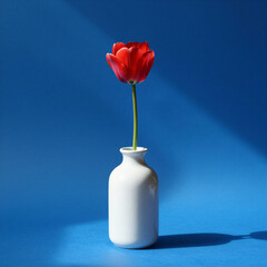 Obraz premium Bright minimalist spring scene with single tulip in simple vase against vivid background