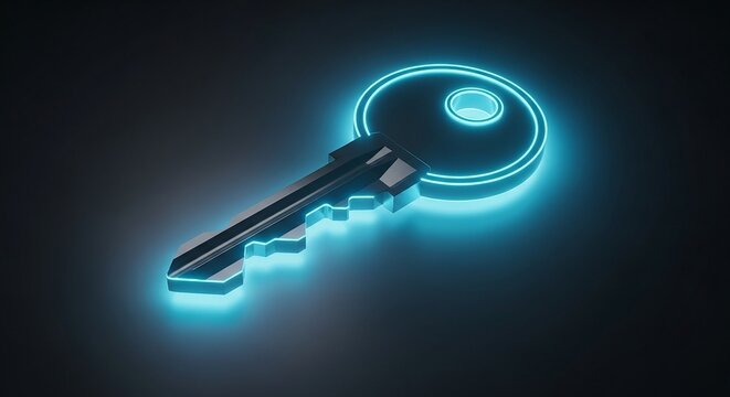 Glowing Cyan Key Icon on Dark Reflective Surface Keywords: key, icon, symbol, access, security