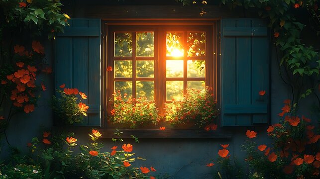 Sunset through window garden view