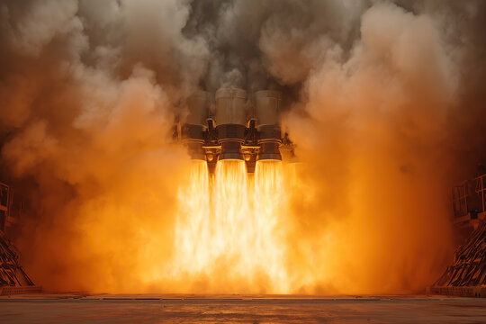 Close-up view of rocket engine firing during launch with flames and smoke erupting from thrusters in an intense display of power