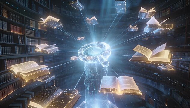Digital library exploration learning search concept network knowledge information discovery, books, floating.