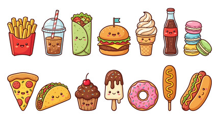 Cute Fast Food and Dessert Vector | Cartoon French Fries, Burger, Pizza, Donut, Ice Cream, Cupcake, Taco, Hot Dog, and More for Fun Kids Illustration