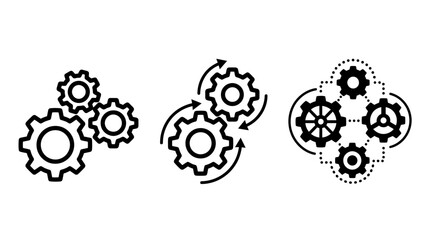 Vector Gear System Icons &ndash; 3 Unique Mechanical Silhouettes Featuring Rotating Gears, Engineering Concepts, Automation Graphics, and Industrial Design Elements for Technical Illustration Templates