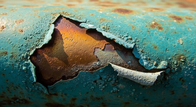 Closeup of a corroded tealpainted metal pipe showing exposed rust The paint is peeling