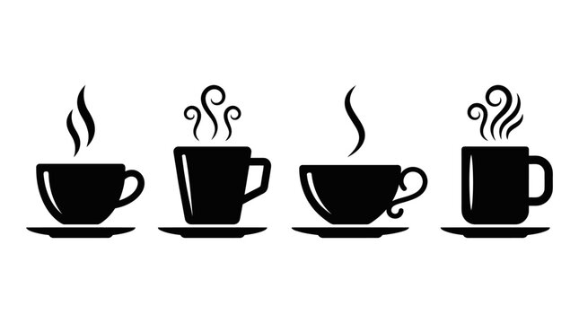 Vector Coffee and Tea Cup Silhouettes &ndash; 4 Unique Mug Designs with Steam Patterns for Caf&eacute; Branding, Beverage Icons, Minimalist Decor, and Graphic Illustration