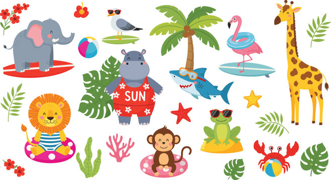 Set of cute summer animals and beach elements vector illustration, tropical safari characters collection for kids design