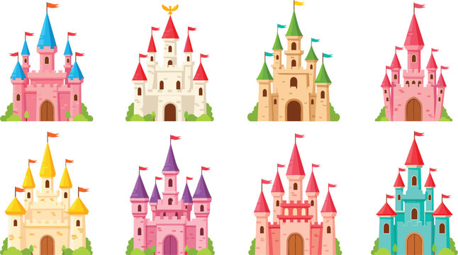 Set of fairy tale princess castles vector illustration, cute fantasy kingdom buildings collection for kids storybook design