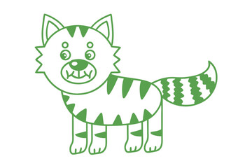 Obraz premium An adorable green tiger with stripes smiles, showcasing small fangs in a unique outline