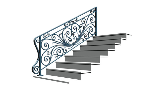 Set of grey concrete stairs with an elegant and intricate black metal railing featuring a decorative scroll pattern on a plain white background.