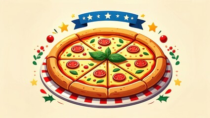 National Pizza Day celebration illustration. Sliced Italian pizza with tomato and basil toppings. Graphic design with blue star ribbon and red checkered pattern