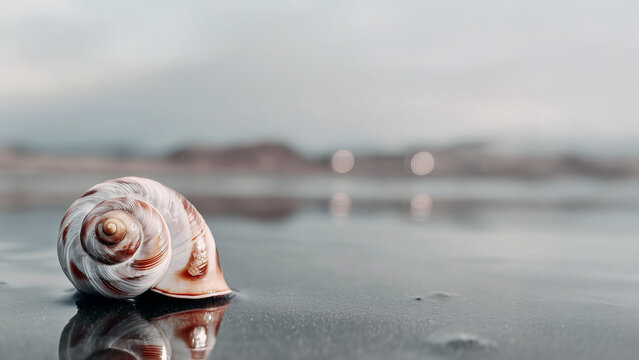 Seashell on wet sand by calm sea with copy space and soft bokeh