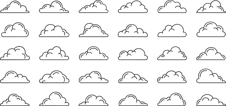 Set of simple cloud outline icons vector illustration, minimal weather sky symbol collection for graphic design