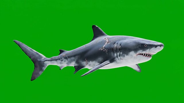 Fierce shark with open mouth against green background