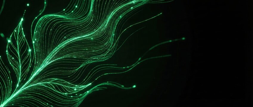 Futuristic Bio-Tech Data Flow: Glowing Green Organic Fiber Optic Waves with Dynamic Fluid Motion