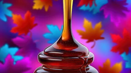Rich Maple Syrup Pouring Over Colorful Autumn Leaf Background