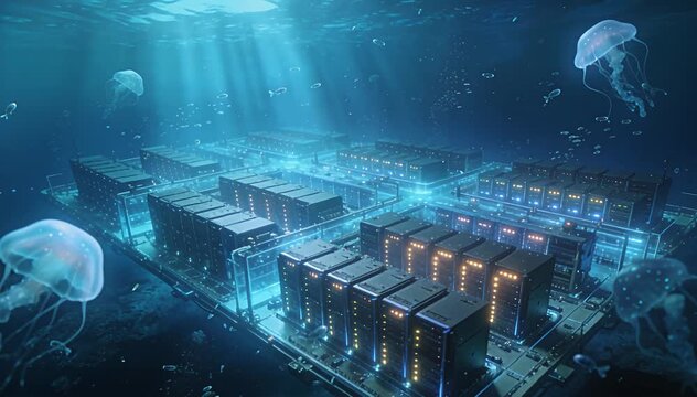 Underwater data servers powered by ocean currents, with jellyfish and marine life swimmin g by, data center.
