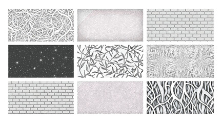 Vector illustration of nine square panels in a 3&times;3 grid, each showcasing unique textures including squiggly lines, cloudy gradients, brick wall patterns, starry sky, and abstract designs for design, a