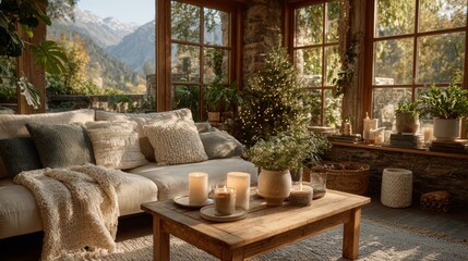 Fototapeta premium Scandinavian Style Cozy Living Room with Christmas Tree