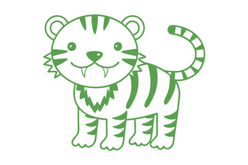Obraz premium Adorable tiger cub stands with a toothy grin in vibrant green outline against white