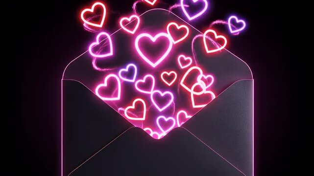 Neon Hearts in Envelope - An envelope overflows with luminous, neon pink and red hearts against a dark background. The hearts appear to be floating upwards and outward from the envelope.