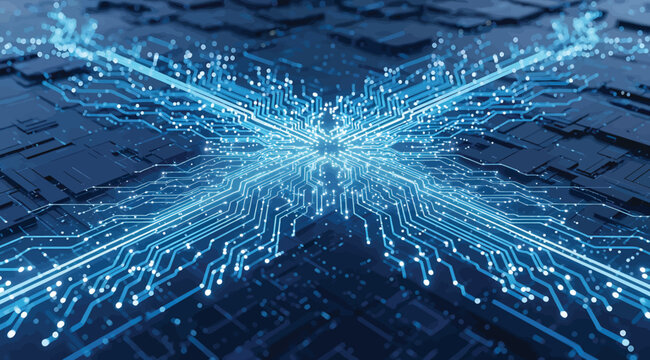 Vector illustration of central convergence point with radiating blue lines and dots symbolizing digital data flow, network connectivity, and circuit grid complexity, ideal for technology, computing, A