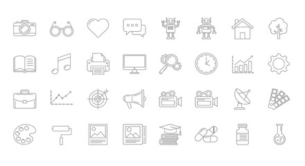a collection of minimalist line icons depicting various technology media and office related concepts