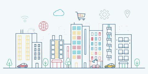 Obraz premium Modern city skyline illustration with icons representing technology and commerce