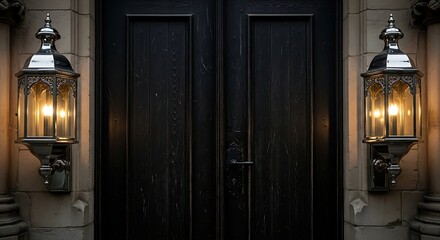 Obraz premium Elegant dark wooden door with ornamental lanterns